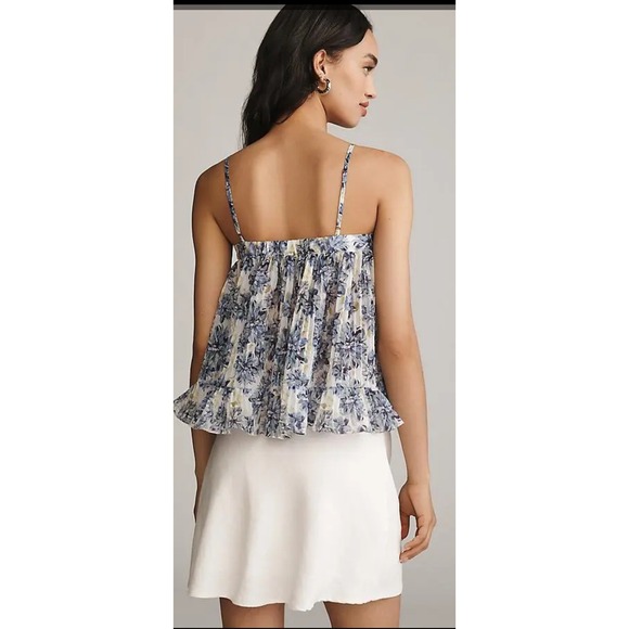 En Saison Blue Odessa Floral Pleated Babydoll Cami Top Ruffle Hem Womens Medium - Picture 3 of 13